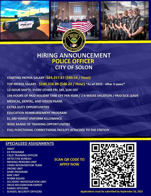 Solon Police Department Opens Applications for Patrol Officer Positions